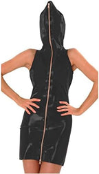 Ladies Sleeveless Latex Hooded Mini Dress Novelty Zipper Front PVC Cosplay Party Dress Sexy Bodycon Clubwear,Black,7XL