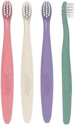 Dr. Brown's Infant-to-Toddler Toothbrush Set, Soft & Gentle Manual Toothbrushes for Baby, Pink/Ecru/Purple/Dark Green, BPA Free, 0-3 Years – 4-Pack