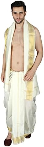 Cream Dhoti and Angavastram with Golden Woven Border, Self Draped - Art Silk