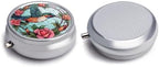 Transparent 3-Compartment Medicine Pill Case, Portable Round Pill Box for Pocket or Purse, Decorative Metal Medicine Vitamin Organizer. (Birds and Flowers)