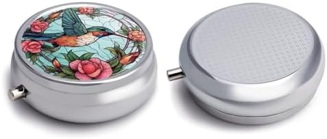 Transparent 3-Compartment Medicine Pill Case, Portable Round Pill Box for Pocket or Purse, Decorative Metal Medicine Vitamin Organizer. (Birds and Flowers)