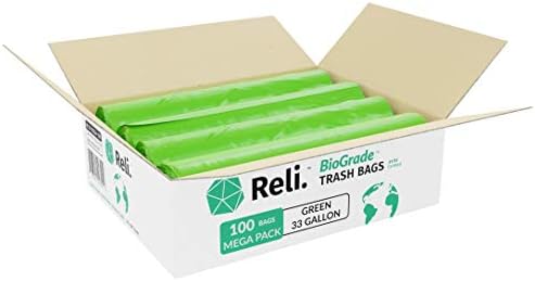 Reli. Biodegradable 33 Gallon Trash Bags, 100 Count, Green Eco Friendly, Degradable Under Certain Conditions, Custom-Fit for Compactor