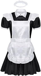 Men's French Maid Cosplay Uniform Silk Satin Mini Dress with Apron Sissy Crossdressing Pajamas Set