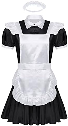 Men's French Maid Cosplay Uniform Silk Satin Mini Dress with Apron Sissy Crossdressing Pajamas Set