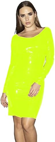 Long Sleeve Women Dress Faux Leather Pencil Dress for Women Fashion O-Neck Elegant Dresses Sexy Slim Bodycon Dress Plus Size,Fluorescence Green,XL