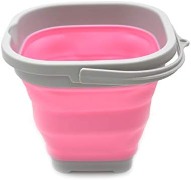 SAMMART 2.6L (0.68 Gallon) Super Mini Sqare Collapsible Plastic Bucket - Foldable Square Tub - Portable Fishing Water Pail - Space Saving Outdoor Waterpot (Grey/Pink (Set of 2))