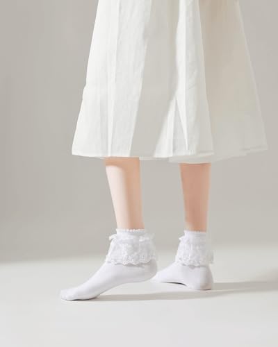 Women Lace Ruffle Frilly Ankle Socks with Pearl Lace