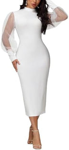Ekaliy Women's See Through Bodycon Dress Sheer Mesh Long Puff Lantern Sleeve Dress Sexy Club Party Midi Dress Clubwear
