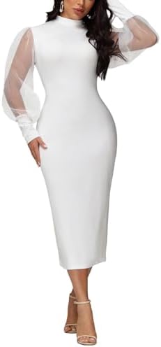 Ekaliy Women's See Through Bodycon Dress Sheer Mesh Long Puff Lantern Sleeve Dress Sexy Club Party Midi Dress Clubwear