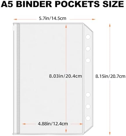 Antner 12PCS A5 Binder Pockets 6 Holes Budget Cash Envelopes for Budgeting, Clear Zipper Folders Planner Inserts Loose Leaf Bags Binder, Waterproof PVC Document Pouch Filing
