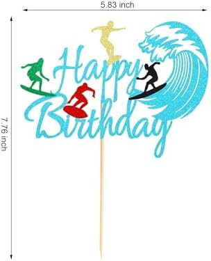 Arthsdite 1 Pc Surfing Happy Birthday Cake Topper, Surfboard Birthday Cake Topper for Summer Hawaii Beach Surfing Sports Surfer Themed Party Decorations - Blue Glitter