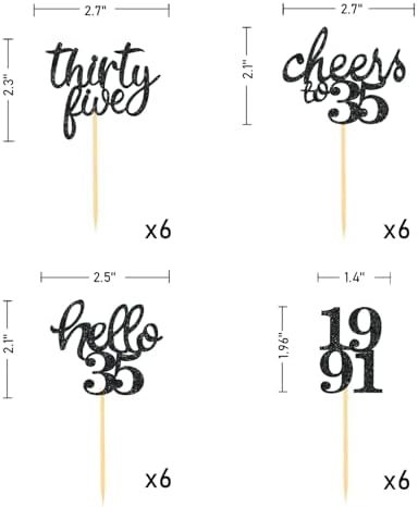 24Pcs Glitter 35th Birthday Cupcake Toppers, Hello 35th Birthday Cake Topper- 35th Birthday Decorations for Celebrating Thirty-Five Years Old Birthday Party (Black2)