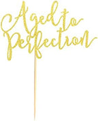 Aged to Perfection Cake Topper, Happy Birthday Engagement Retirement Party Decorations Supplies - Gold Glitter