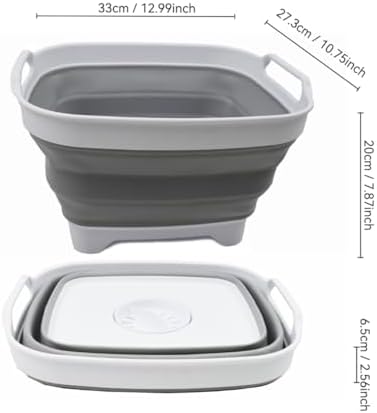 SAMMART 7.5L (2 Gallons) Collapsible Dishpan with Draining Plug - Foldable Washing Basin - Portable Dish Washing Tub - Space Saving Kitchen Storage Tray (White/Grey, 1)