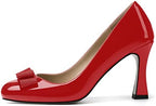 SKYSTERRY Women's Slip On Bow Patent Round Toe Casual Dating Spool High Heel Pumps Shoes 3.3 Inch