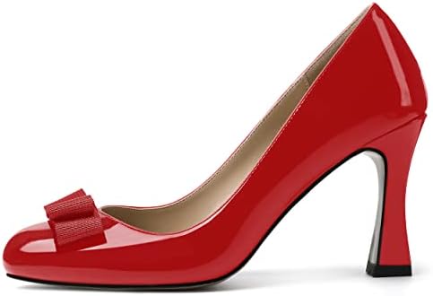 SKYSTERRY Women's Slip On Bow Patent Round Toe Casual Dating Spool High Heel Pumps Shoes 3.3 Inch