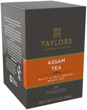 Taylors of Harrogate Assam, Black Tea, Individually Wrapped Bags, 20 Count (Pack of 1), Full-bodied, Satisfying & Malty, Caffeinated, Enjoy Hot or Iced, 20 Teabags