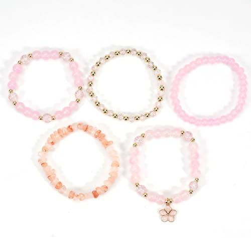 Caiyao 5Pcs Bohemia Multilayer Floewr Crystal Glass Beaded Bracelet Set Colorful Stackable Flower Beaded Friendship Stretch Bracelets for Women Men Summer Beach Boho Hawaii Holiday Jewelry Gifts