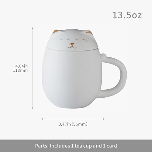 HEER Cat Tea Cup with Infuser and Lid - 13.5oz Ceramic Tea Mug - Cat Lover Gift for Friends Family. (White)