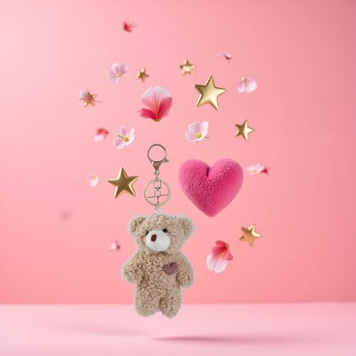 Jinshining Brown Bear Plush Keychain, Stuffed Animals Bag Pendant, Kawaii Rabbit, DIY Trinket Dog Plush Keyring Car Keychain Pink Heart Teddy Bears Automobile Accessories