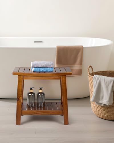 Upolana Outdoor Shower Bench, 20" Solid Acacia Wood Shower Stool Waterproof Shower Seat with Storage Shelf for Bathroom - SB001