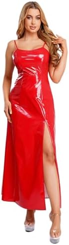 Womens Sexy Shiny Leather Maxi Dress Wet Look Latex Side Slit Long Sling Dress Club Party Outfits