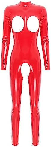 easyforever Women Sexy Hollow Out Bodysuit Lingerie Clubwear Patent Leather Invisible Zipper Latex Catsuit