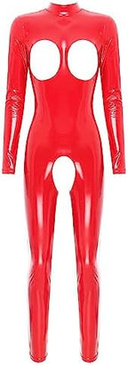 easyforever Women Sexy Hollow Out Bodysuit Lingerie Clubwear Patent Leather Invisible Zipper Latex Catsuit