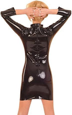 Natural latexBlack Sexy Latex Dress with Glued Breasts Long Sleeves Back Zipper Rubber Bodycon Playsuit