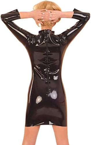 Natural latexBlack Sexy Latex Dress with Glued Breasts Long Sleeves Back Zipper Rubber Bodycon Playsuit