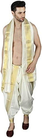Cream Dhoti and Angavastram with Golden Woven Border, Self Draped - Art Silk