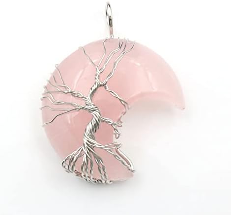 Plated Wire Wrap Tree of Life Crescent Moon Opalie Opal Pendant Green Aventurine,Rose Pink Quartz