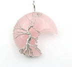 Plated Wire Wrap Tree of Life Crescent Moon Opalie Opal Pendant Green Aventurine,Rose Pink Quartz