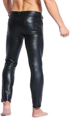 QiaTi Mens Skinny Pants Faux Leather Open Crotch Trousers Long Pant with Bulge Pouch for Men