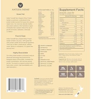 Antler Farms - 100% Grass Fed New Zealand Whey Protein Isolate, Vanilla Flavor, 2 lbs - Pure and Clean, 4 Ingredients, Delicious, Cold Processed