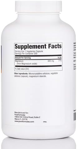 PureFormulas Magnesium Oxide 300 mg – Healthy Heart, Relaxation, Immune Support, Non-GMO Vegetarian Capsules – 250 Count