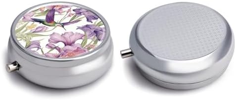 Hummingbirds Irises Flowers Round Pill Box 3 Compartment Pill Box for Pocket Purse Portable Travel Medicine Tablet Vitamin Holder Organizer Mini Decorative Pill Case
