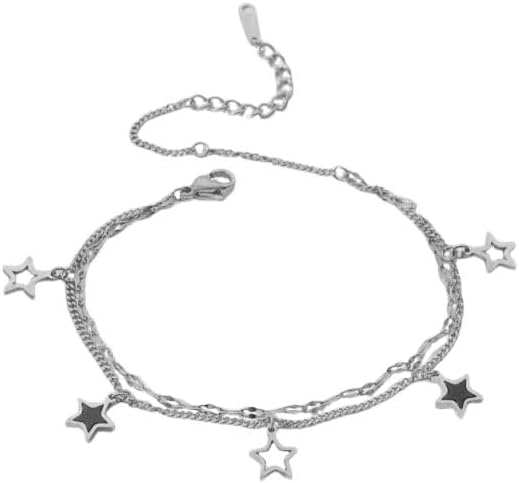 Aesthetic Star Charm Stainless Steel Bracelet for Women Teen Double Chain Adjustable Y2k Cute Pentagram Pendant Layered Link Bangle Stackable Fashion Dainty Summer Beach Birthday Jewelry Gifts