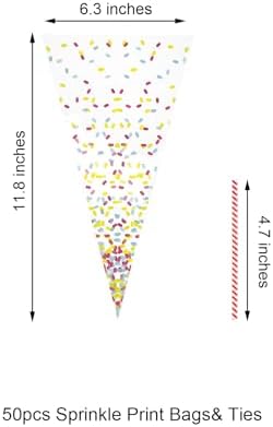EKAPACKAGING 50Pcs 6.3x11.8 Inches Sprinkle Print Cone Shaped Treat Cellophane Bags Twist Tie Triangle Christmas Party Favor Cotton Candy Bags With Ties For Popcorn, Chocolates, Ice Cream Cone