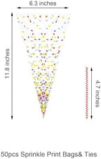 EKAPACKAGING 50Pcs 6.3x11.8 Inches Sprinkle Print Cone Shaped Treat Cellophane Bags Twist Tie Triangle Christmas Party Favor Cotton Candy Bags With Ties For Popcorn, Chocolates, Ice Cream Cone