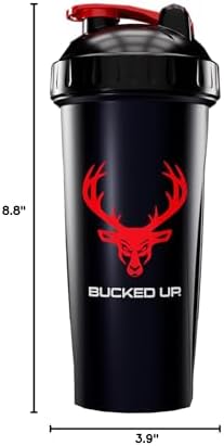 Bucked Up Perfect Shaker Bottle, 28oz, BPA-Free, Dishwasher Safe, Leak-Proof, Black Bottle with Red Buck Logo