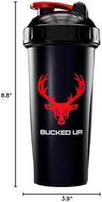 Bucked Up Perfect Shaker Bottle, 28oz, BPA-Free, Dishwasher Safe, Leak-Proof, Black Bottle with Red Buck Logo