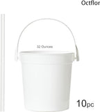 Plastic Rum Buckets for Drinks （10PACK ） Drink Buckets for Parties Reusable Punch Bowls with Straw（32oz） (White)