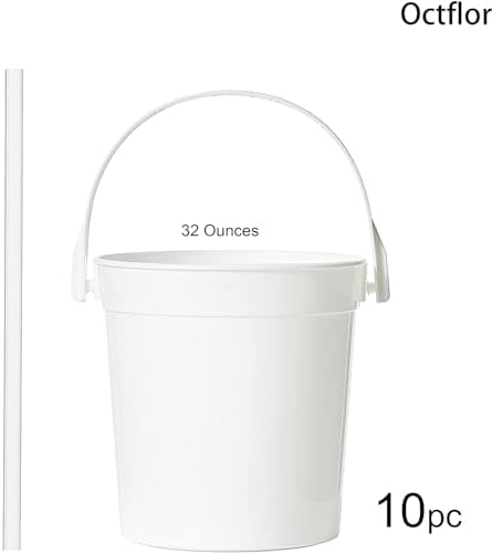 Plastic Rum Buckets for Drinks （10PACK ） Drink Buckets for Parties Reusable Punch Bowls with Straw（32oz） (White)