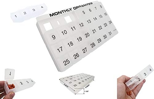 31 compartments, 1 per Day, 4 Week Monthly Pill Organizer by Promed. Includes Tray and 8 Removable compartments. (White)