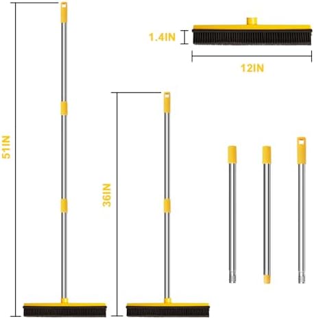 Rubber Broom for Pet Hair Removal, Carpet rake with Squeegee for Cleaning Pet Hair, 52 inch Long Handle Rubber Broom,Dual-Sided for Small Fluff Carpet, Hardwood Floor, Tile,Orange