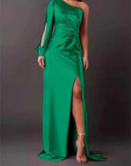 Women Elegant Solid Color Satin Dress Summer Sexy High-Waist Long Slit Hem Design Party Prom Evening Clothes