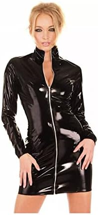 Women Sexy Zipper PVC Mini Dress Catsuit Novelty Club Party Dress Bodycon Long Sleeve Turtleneck,Black,XXL