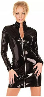 Women Sexy Zipper PVC Mini Dress Catsuit Novelty Club Party Dress Bodycon Long Sleeve Turtleneck,Black,XXL