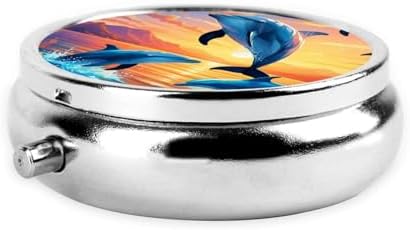 ZhongGuo Dolphins in The sea Printed Pill Organizer,Round Travel Pill Organizer Mini Medicine Pill Box for Purse Iron Plating